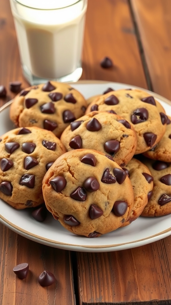 A plate of warm, gooey chocolate chip cookies with melted chocolate chips.